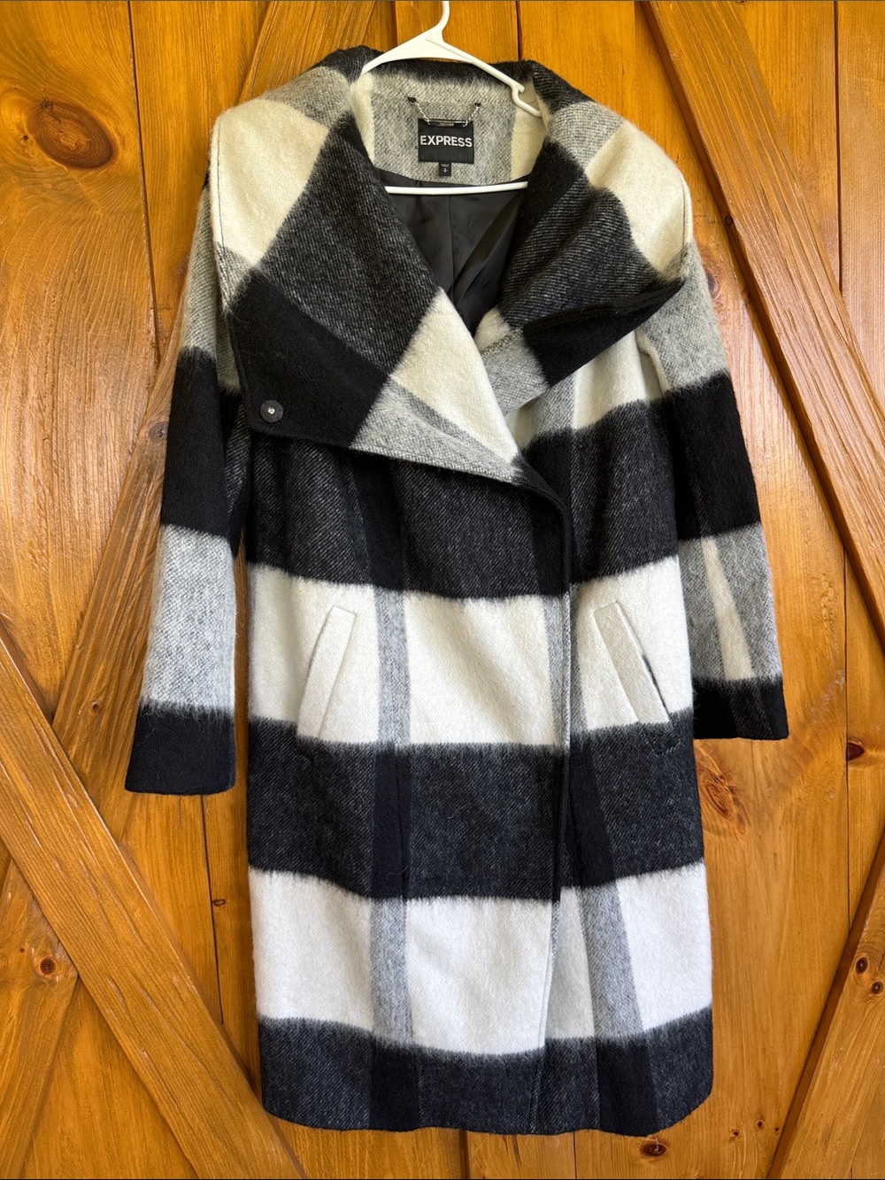 Express Black and White Plaid Draped Open-Front Coat